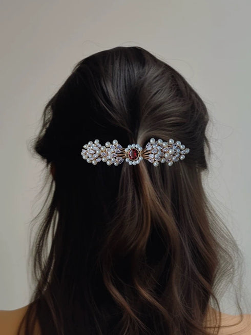 Pearl Hair Barrette Clip with Red Rhinestone - Pearl and Crystal Bridal Hair Clip